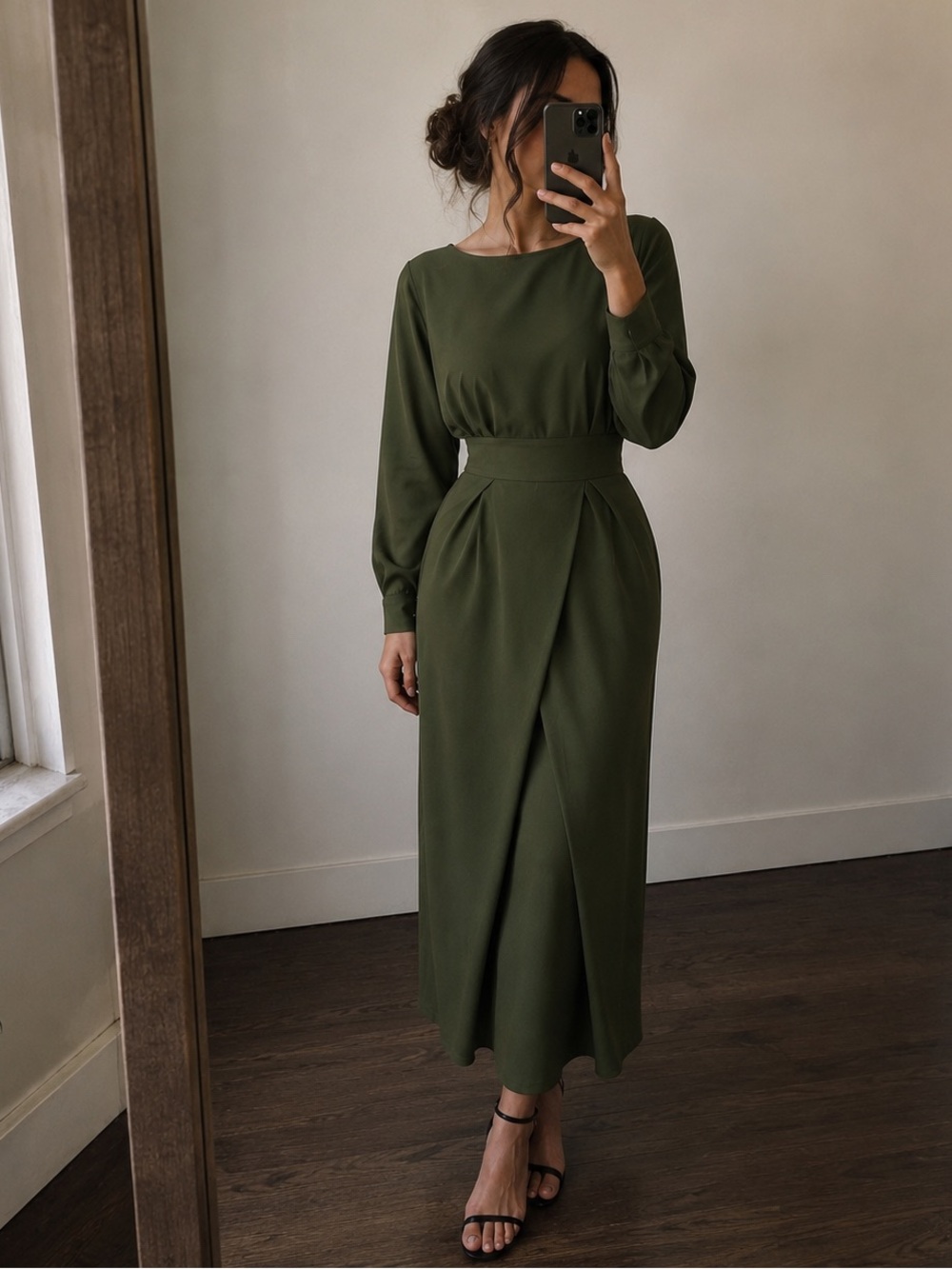 BGL Olive Green Sculptural Midi Dress XXS Minimalist Quiet Luxury Modern